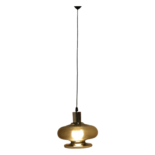 Vintage Rook Kleurige Glazen Hanglamp Met Chromen Montuur, Jaren 70.