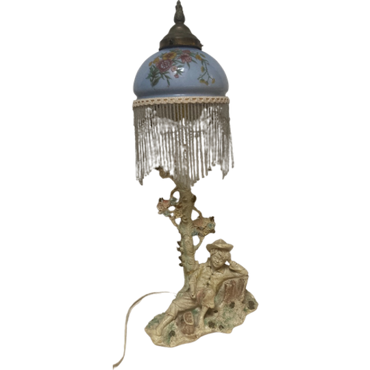 Italiaans Tafellampje, Blauw Gebloemd Glazen Kapje, 50 Cm Hoog - Reliving 1