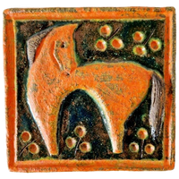 Vintage Keramieke Wandtegel Oranje Schilderij Jaren 70 Paard