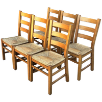 Vintage Set Van 6 Eetkamerstoelen Eiken En Riet Design