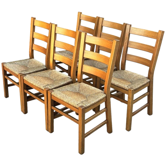 Vintage Set Van 6 Eetkamerstoelen Eiken En Riet Design 1