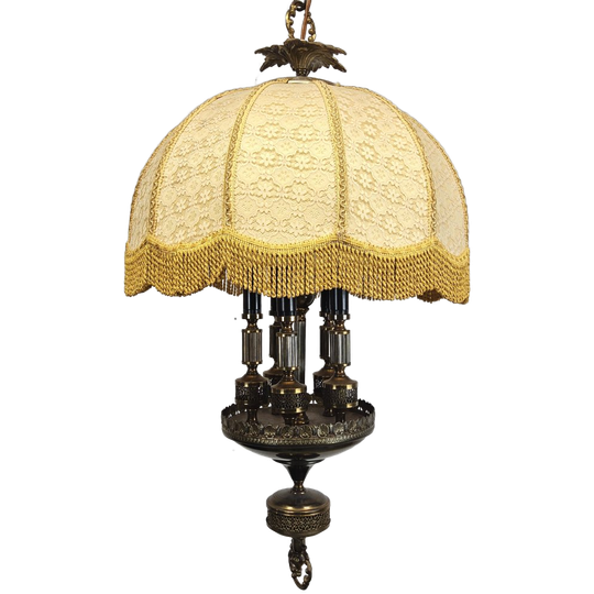Vintage Barok Messing Kroonluchter Stoffen Kap Hanglamp / Baroque Style Chandelier, Hanging Light 1