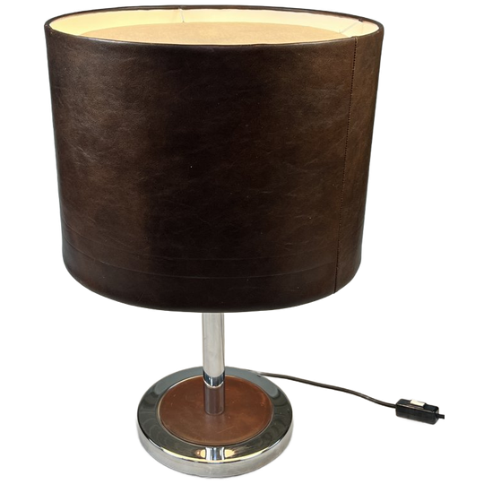 Vintage Tafellamp / Schemerlamp, Chromen Voet En Leren Kap. 1970's 1