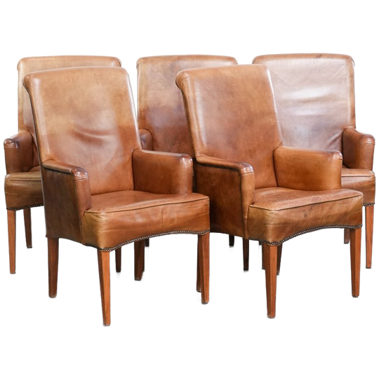 Karaktervolle En Stijlvolle Set Van 5 Vintage Eetkamer/bijzet/vergaderstoelen Gemaakt Van Rundleer 1