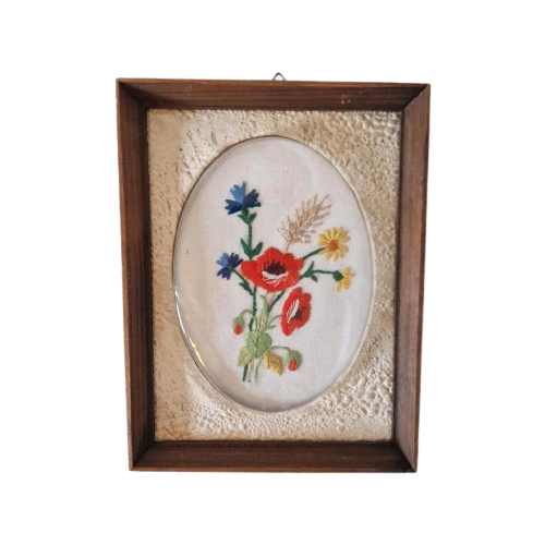 Vintage Lijstje Geborduurd Bloemen Schilderijtje