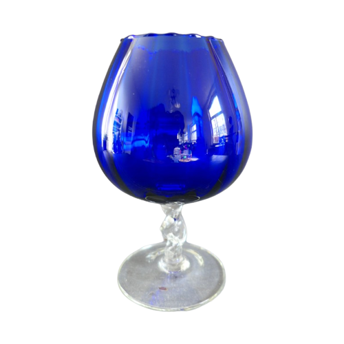 Vintage Empoli Optisch Geblazen Glazen Vaas Blauw Op Voet.