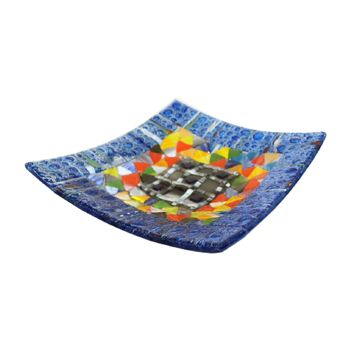 Vintage Prachtige Mozaiek Gesmolten Glasplaat Schaal, Murano Italie Voor 2000