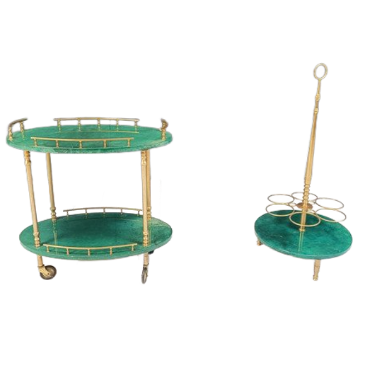 Italian Lacquered Goatskin Bar Cart And Wine Bottle Stand By Aldo Tura, 196 1