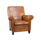 Comfortabele En Grote Vintage Cognac-kleurige Schapenleren Fauteuil/armchair Strak Afgewerkt thumbnail 1