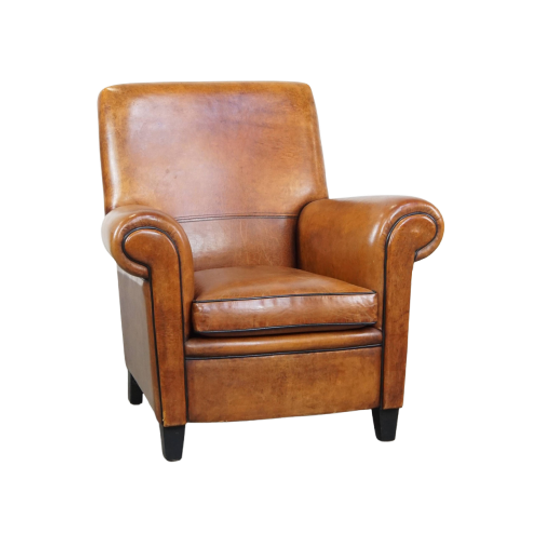 Comfortabele En Grote Vintage Cognac-kleurige Schapenleren Fauteuil/armchair Strak Afgewerkt 1