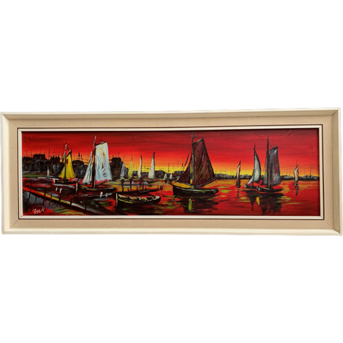 1960S Nautical Kitsch Painting In Red