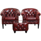 Set Van 2 Rood Gevlamde Rundleren Chesterfield Clubfauteuils En Een Mooie Bijpassende Bijzettafel thumbnail 1