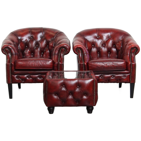 Set Van 2 Rood Gevlamde Rundleren Chesterfield Clubfauteuils En Een Mooie Bijpassende Bijzettafel 1