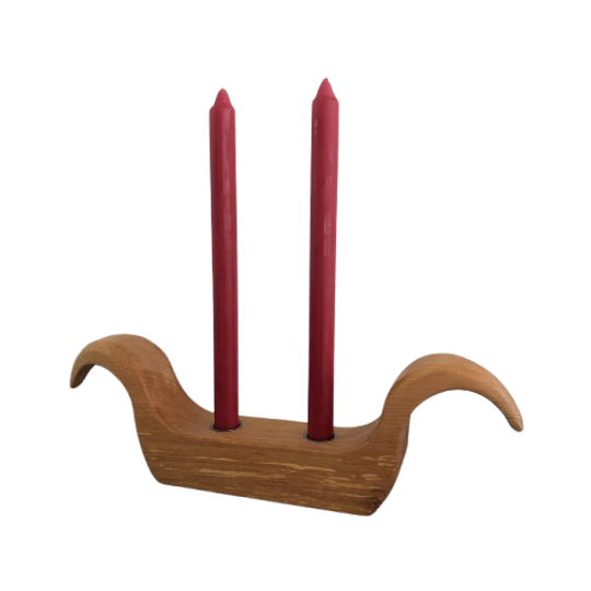 Vintage Handgemaakte Houten Zweedse Kandelaar Voor 2 Kaarsen 1
