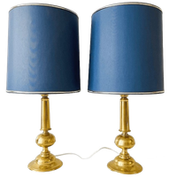 Mid-century Paar Messing Tafellampen Goud Blauw 1950’s