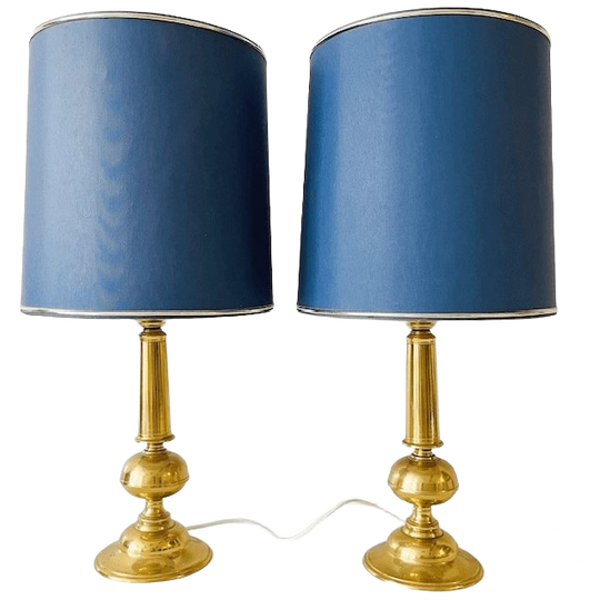 Mid-century Paar Messing Tafellampen Goud Blauw 1950’s 1