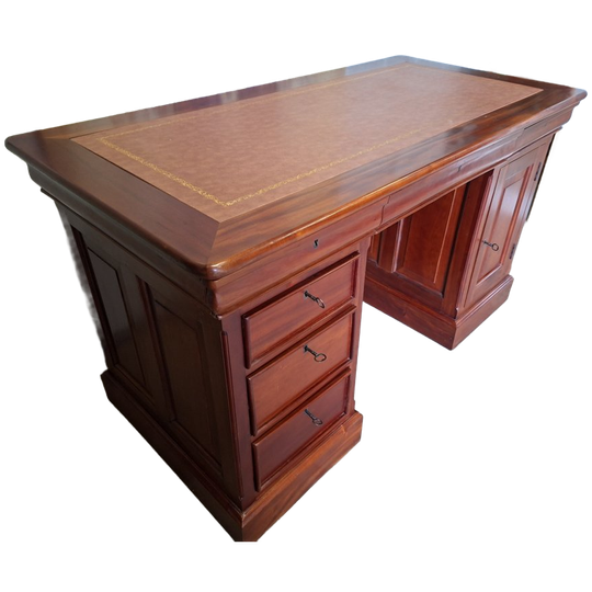 Klassieke Bureau, Schrijftafel, Desk, Met Lederen Inleg, Afm: 140x70cm En 79cm Hoog. 1
