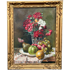 Antiek Schilderij “Stilleven Met Bloemen En Vruchten”. thumbnail 1