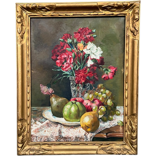 Antiek Schilderij “stilleven Met Bloemen En Vruchten”. 1