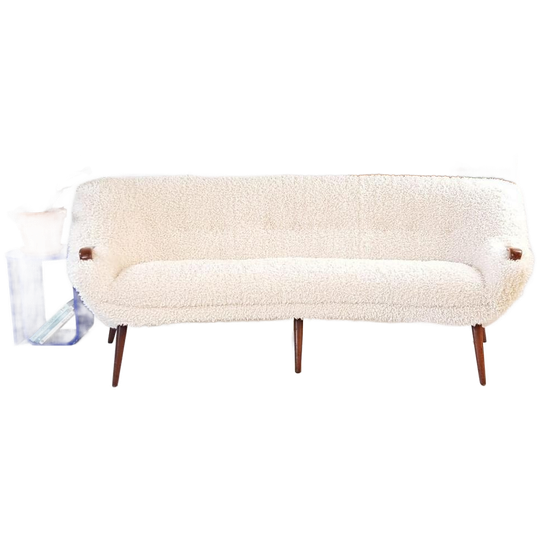 Vintage Unieke Bank Teakhout | Half Ronde Bank Creme Wit 1