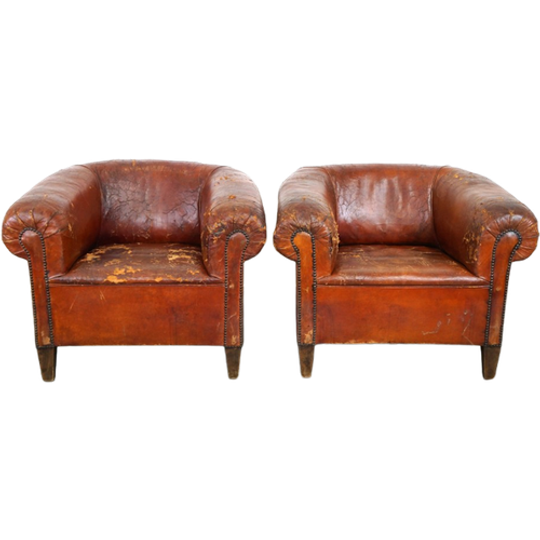 Set Van Twee Waanzinnige Antieke Lederen Clubfauteuils, Geweldig Patina 1