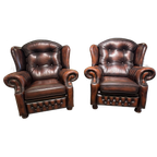 2x Engelse Springvale Chesterfield Oorfauteuils Suzanne Dark Rust / Rood Bruin thumbnail 1
