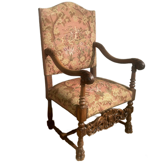 Barok Fauteuil In Notelaar Met Kasteel Motieven & Vogels Op De Tapestry. 1
