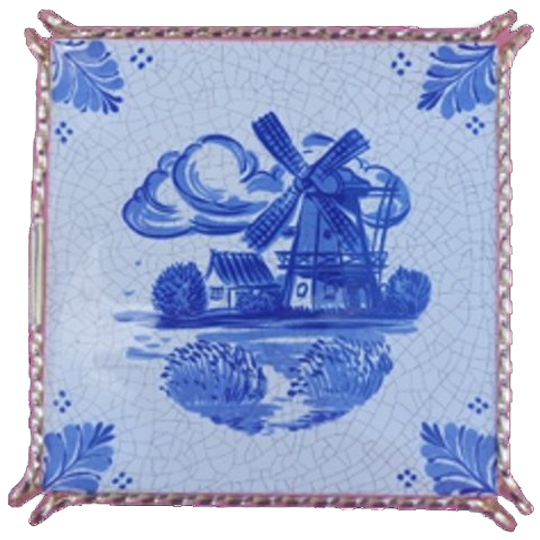 Vintage Onderzetter/tegel Servais Blauwe Wit Met Koperen Kader 1