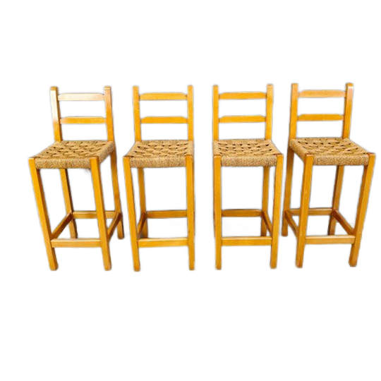 Vintage Oak And Papercord Bar Stools, 1960s 1