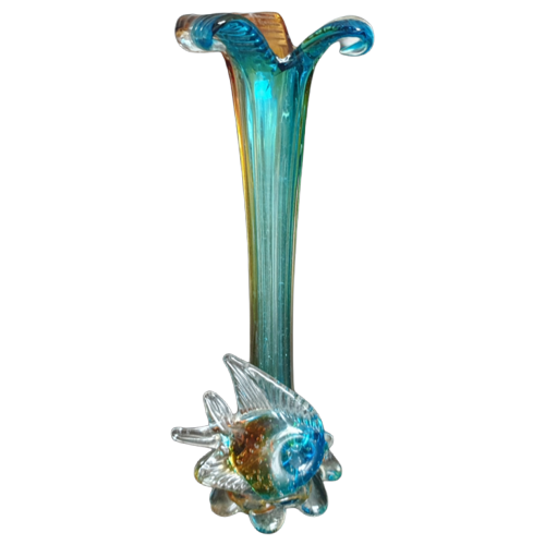 Vintage Murano Stijl Vaas Met Vis Op Voet Blauw Amber