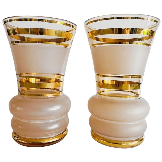 Paar De Rupel Goud Vergulde Vazen Roze Glas 1930’s Hollywood Regency 1