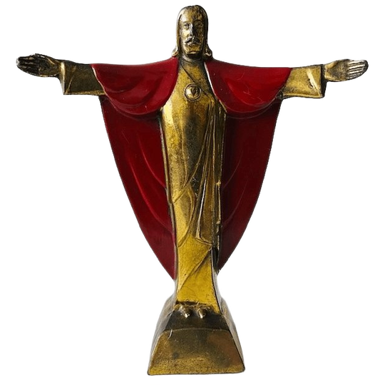 Vintage Jezus Beeldje Messing Emaille Rood 15 Cm 1950’s 1