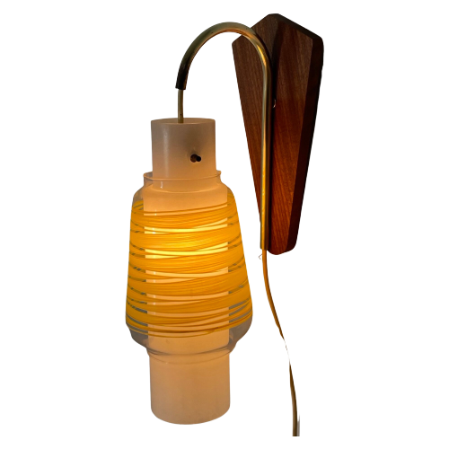 Vintage - Wall Mounted Lamp With Double Glass Shade - Teak Mounting - 1960’S