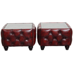 Set Van 2 Rundleren Chesterfield Bijzet/ Salontafels In Een Mooie Rode Kleur Met Glazen Bladen thumbnail 1
