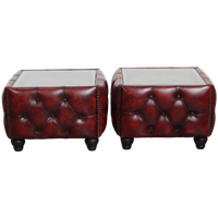 Set Van 2 Rundleren Chesterfield Bijzet/ Salontafels In Een Mooie Rode Kleur Met Glazen Bladen