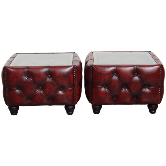 Set Van 2 Rundleren Chesterfield Bijzet/ Salontafels In Een Mooie Rode Kleur Met Glazen Bladen 1