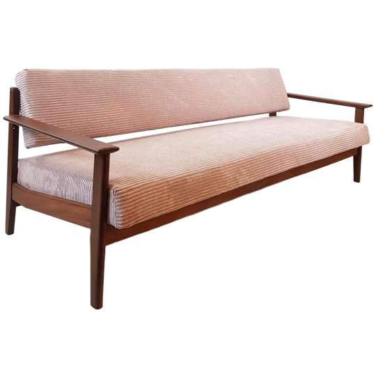 Vintage Slaapbank Teakhout Roze Ribstof | Roze Bank Teak 1