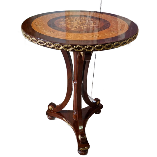 Ronde Klassieke Notenfineer Met Marqueterie Centretable Met Sierlijk Onderstel En Messing Beslag, Naar Antiek Model, 78 Cm Hoog, Blad 56 Cm Diameter 1