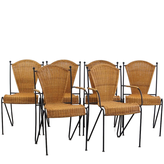 Leuke Set Van 6 Vintage Design Eetkamerstoelen Van Gietijzer En Riet Van Frederick Weinberg 1