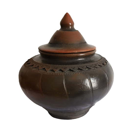 Prachtige Grote Vintage Raku Pot Met Deksel 1