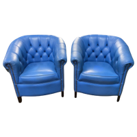 2 X Super Gave Engelse Chesterfield Club Tub Fauteuils Blauw Springvale