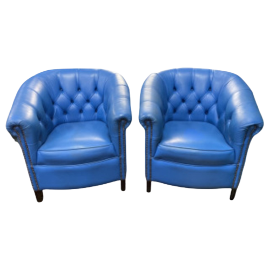 2 X Super Gave Engelse Chesterfield Club Tub Fauteuils Blauw Springvale 1