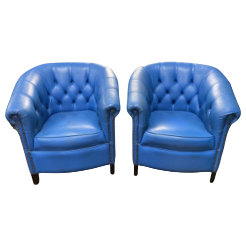 2 X Super Gave Engelse Chesterfield Club Tub Fauteuils Blauw Springvale