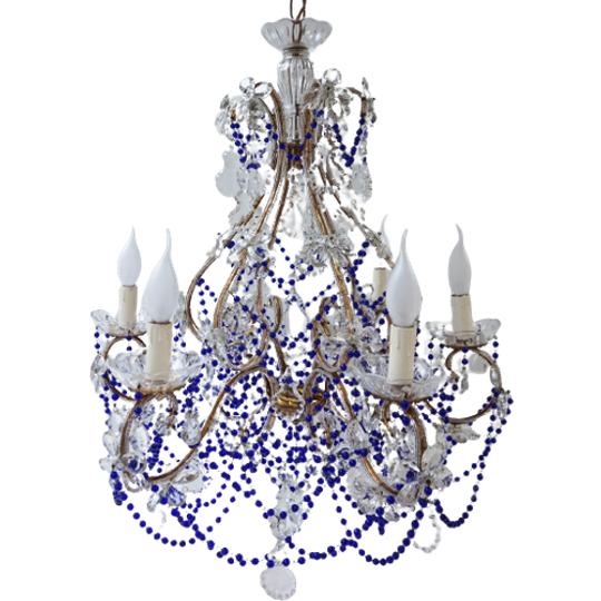 Vintage Kobalt Blauwe Murano - Glas En Kristal - Kroonluchter Met Kralen 1