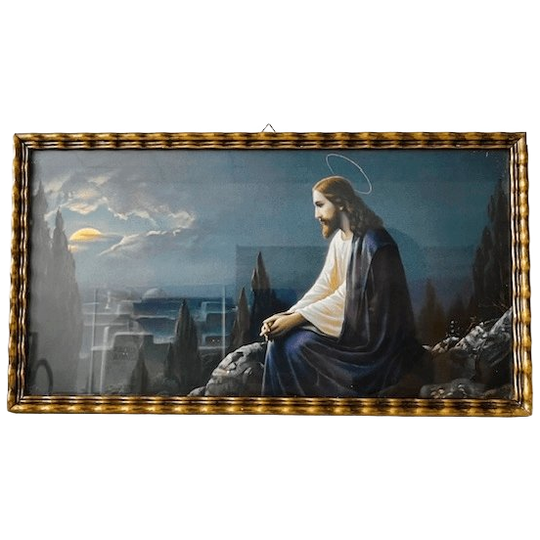 Vintage Religieuze Kleurenlithografie Schilderij Jezus Christus Olijfberg 1930’s 1