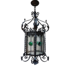 Antieke Smeedijzeren En Glas-In-Lood Lantaarn Hallamp, Frankrijk 1900 thumbnail 1