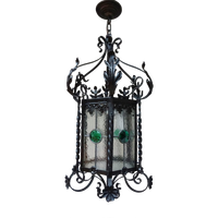 Antieke Smeedijzeren En Glas-In-Lood Lantaarn Hallamp, Frankrijk 1900