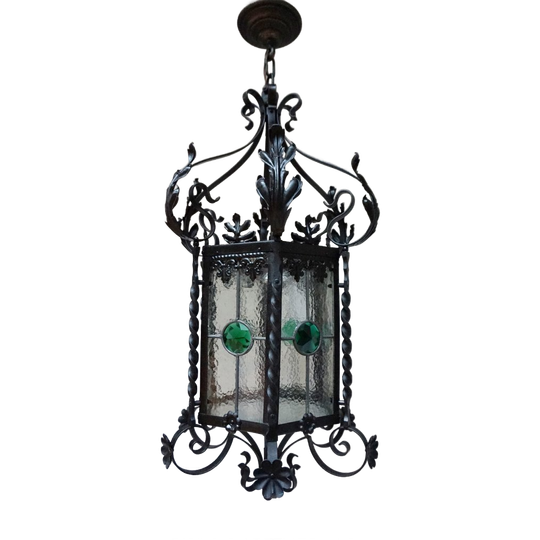 Antieke Smeedijzeren En Glas-In-Lood Lantaarn Hallamp, Frankrijk 1900 1