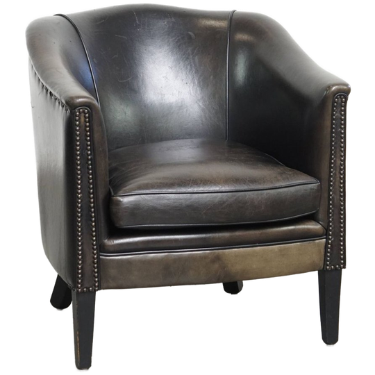 Unieke En Subtiele Zwart/ Grijze Schapenleren Clubfauteuil Met Een Mooi Patina 1