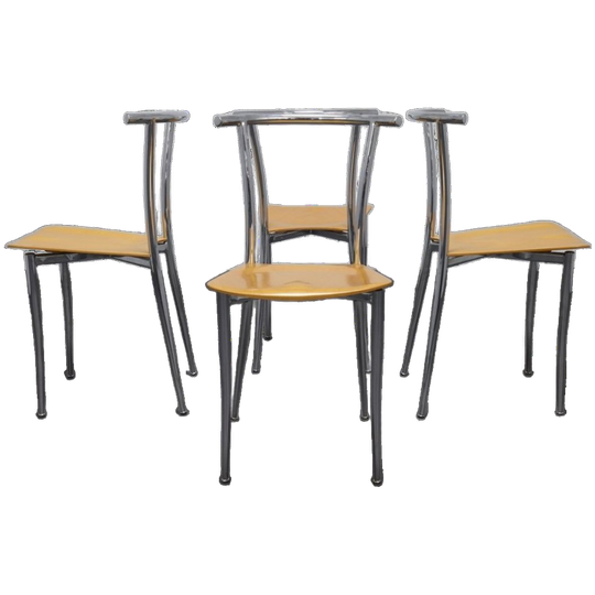 4x Postmoderne Eetkamerstoel Chrome & Plywood Segis, 90s 1